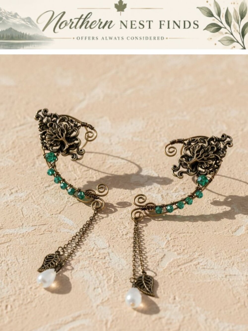 Handmade Bronze Antique Elf Ear Cuffs Drop Dangling Ear Clips Renaissance